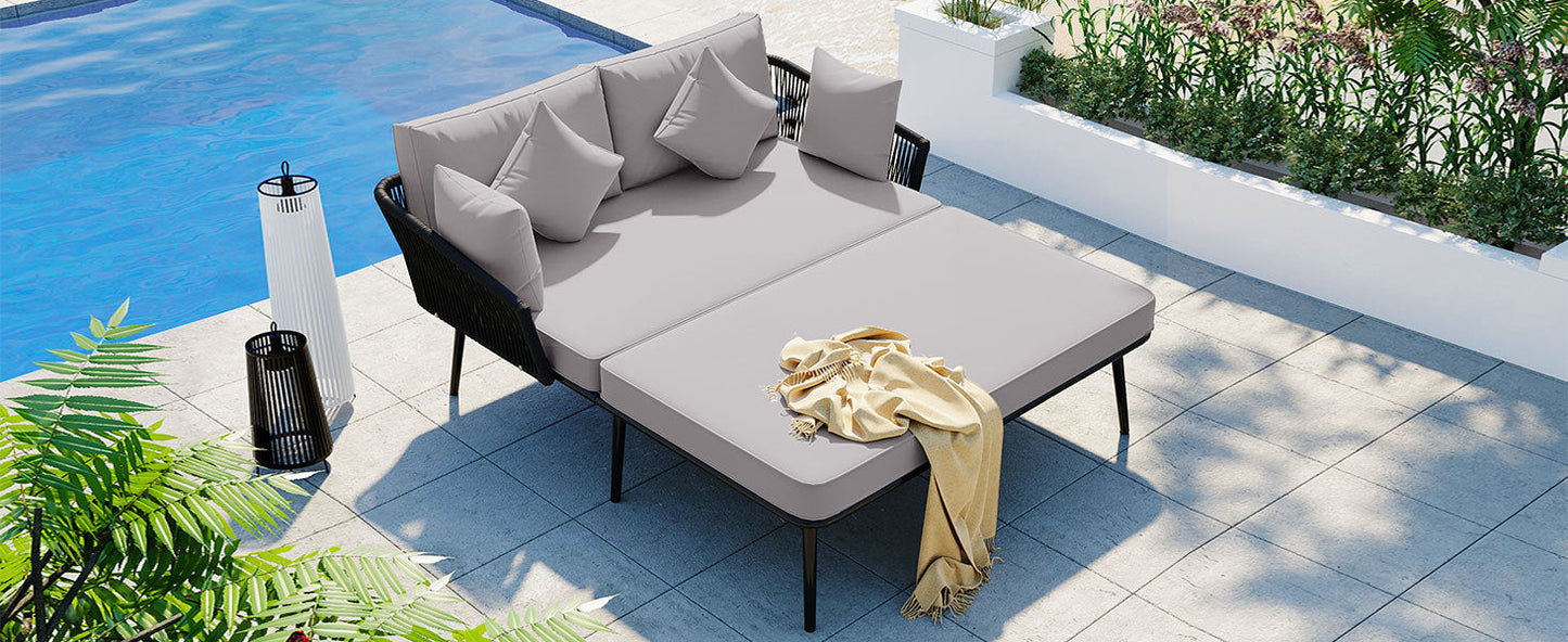 Outdoor Patio Daybed, Woven Nylon Rope Backrest With Washable Cushions