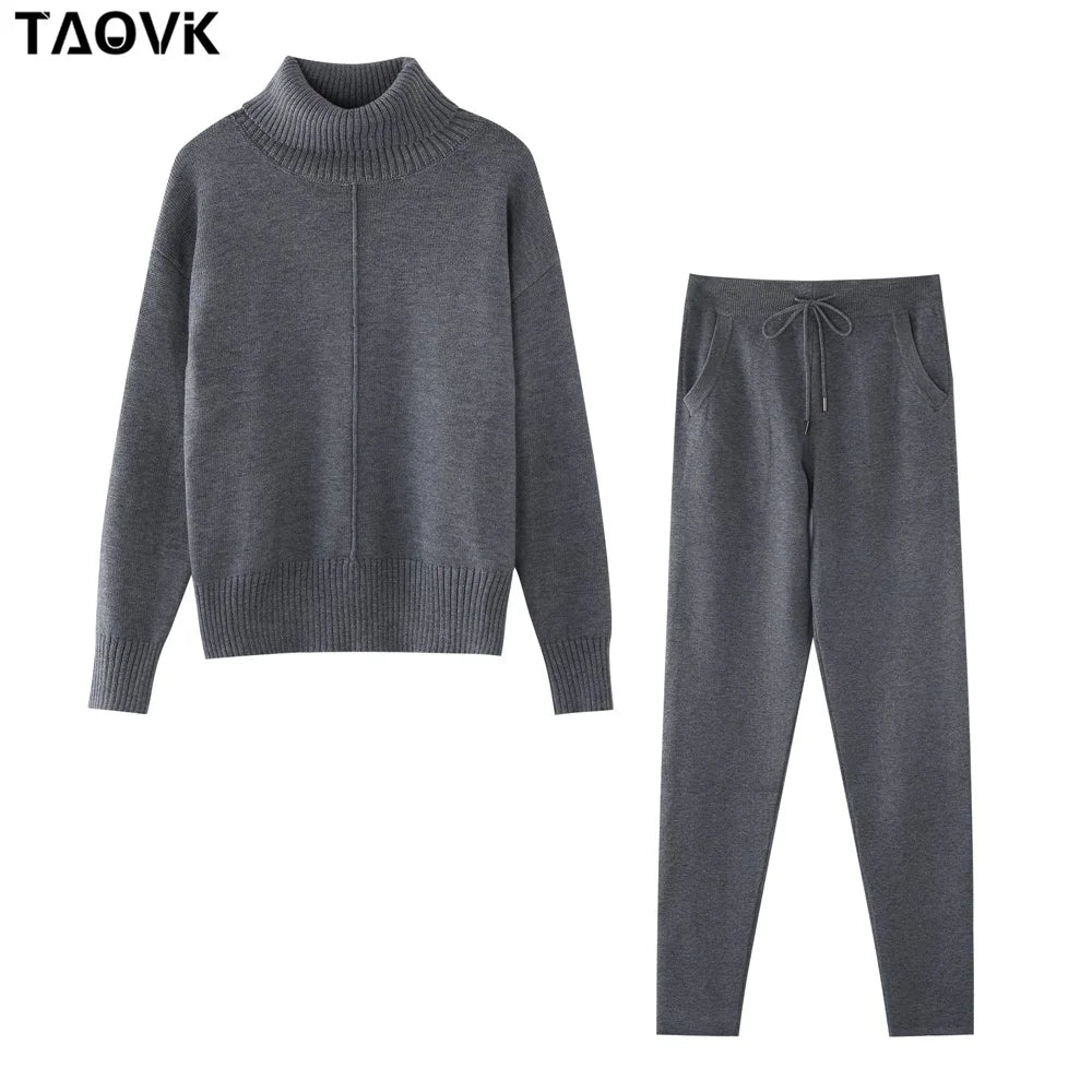 Women's Woolen Knitted Suit High Collar Sweater + Pants Loose Style