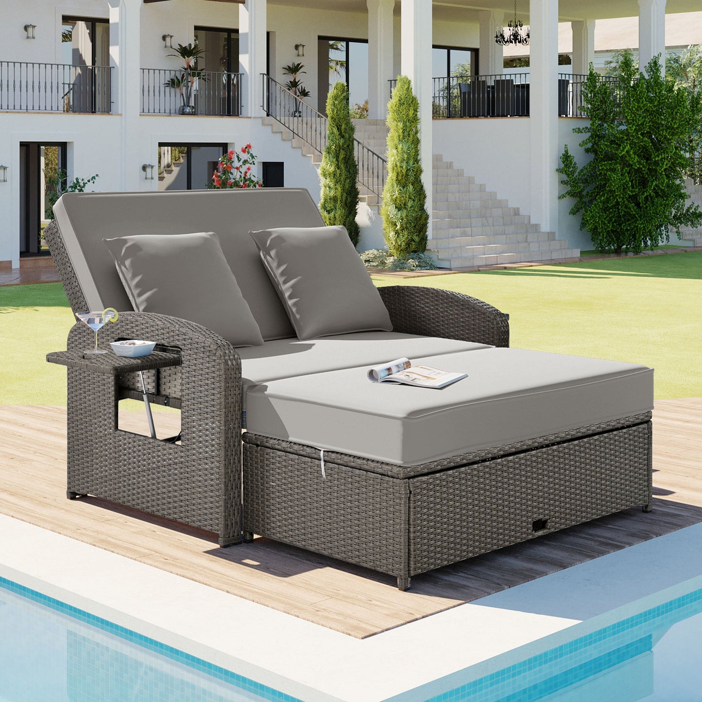 PE Wicker Rattan Double Chaise Lounge, 2-Person Reclining Daybed