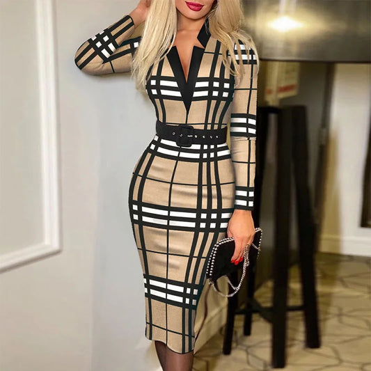 Women Lady Digital Print Plaid Long-Sleeved V-Neck High-Waist Dress