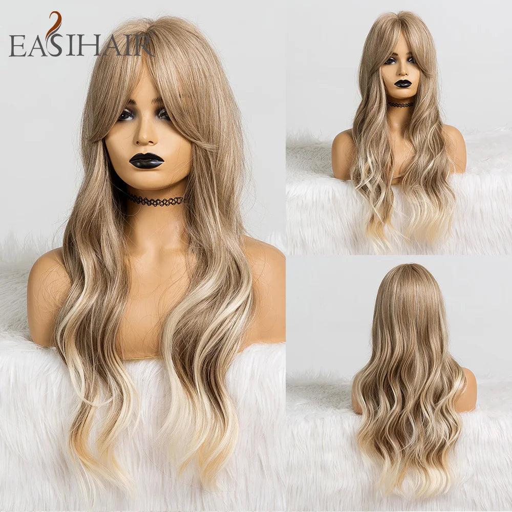 Wavy Synthetic Wigs With Bangs Heat Resistant Blonde Cosplay Wigs