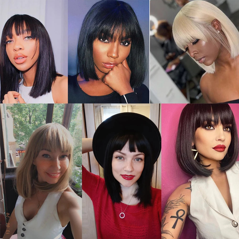 Straight Black Synthetic Wigs With Bangs Hair Bob Wig Heat Resistant