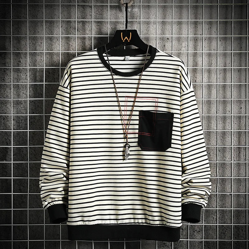 Round Neck Loose Long Sleeve T-Shirt Hoodie Men's Clothing Pocket