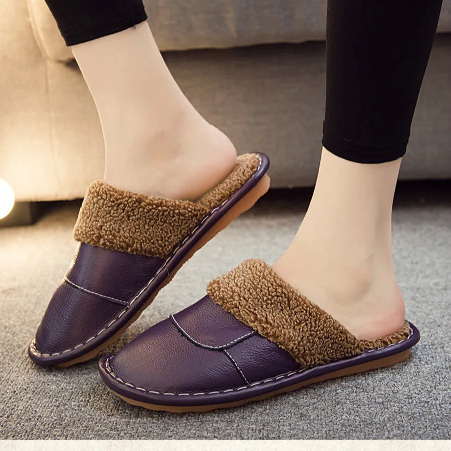 Winter Leather Plush Home Slippers for Men Unisex Comfortable Slippers