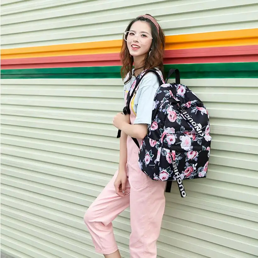 Teenage Girls Schoolbag Children Black Flower Backpack