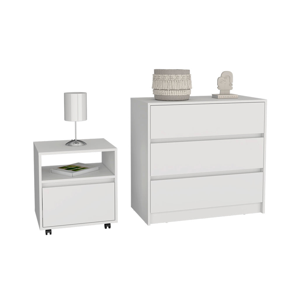 Milford 2 Piece Bedroom Set, Nightstand Munyochi + Dresser Maldus, White