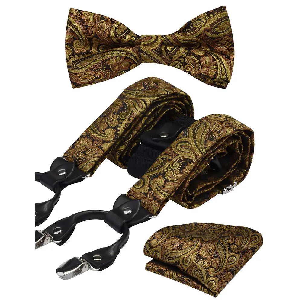 Y Shape Suspenders Bowtie and Pocket Square Set