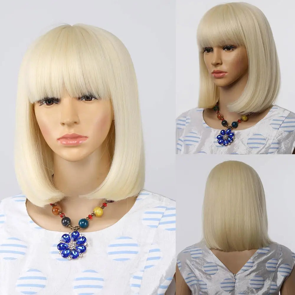 Straight Black Synthetic Wigs With Bangs Hair Bob Wig Heat Resistant