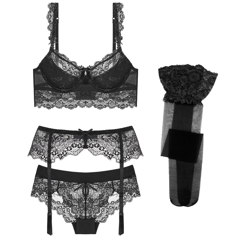 Varsbaby Sexy Lace Bra Sets Bra+panties+garter+stockings