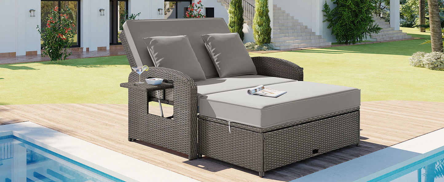 PE Wicker Rattan Double Chaise Lounge, 2-Person Reclining Daybed