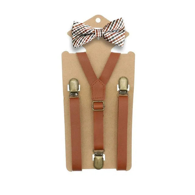 Y Back Kid Brown Tan Leather Suspender and Bow Tie Ring Bowtie Set