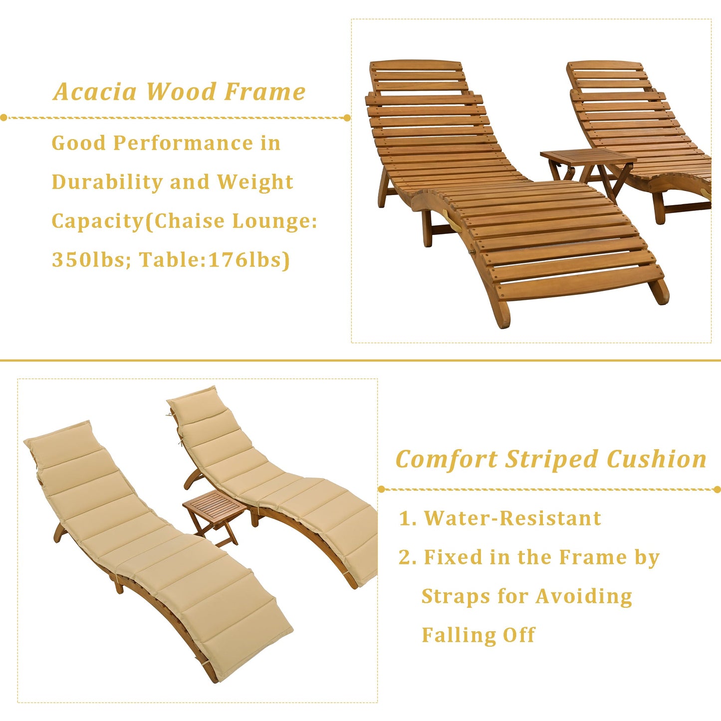 Outdoor Patio Wood Portable Extended Chaise Lounge Set With Foldable Tea Table