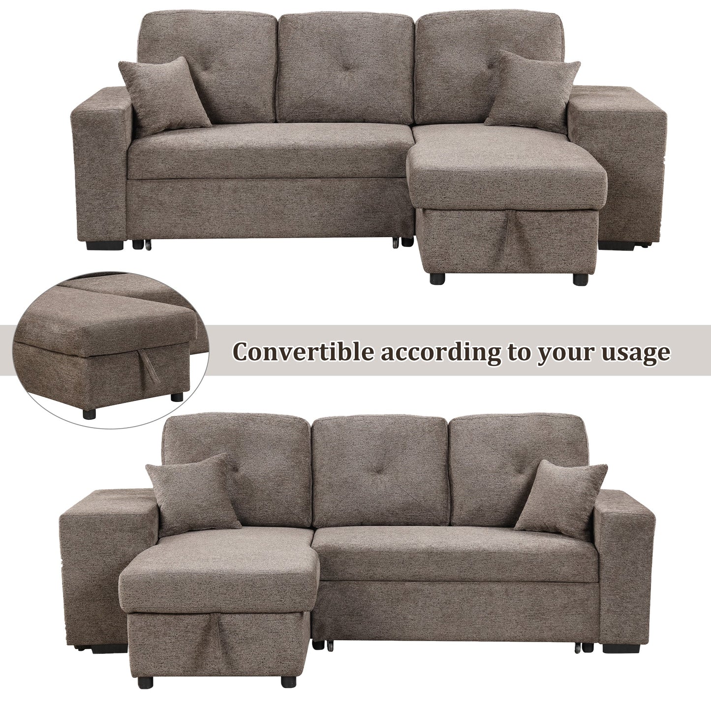 Reversible Sleeper Sectional Sofa Bed With Side Shelf and 2 Stools