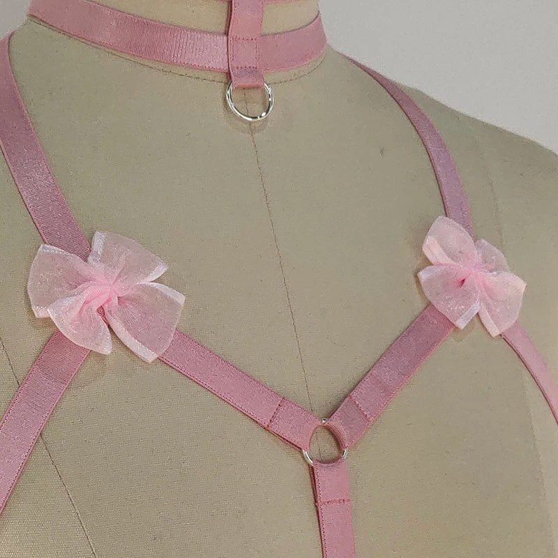 Original Design Pink Collar Bow Harness Bra Kawaii Open Chest Bondage Body Cage