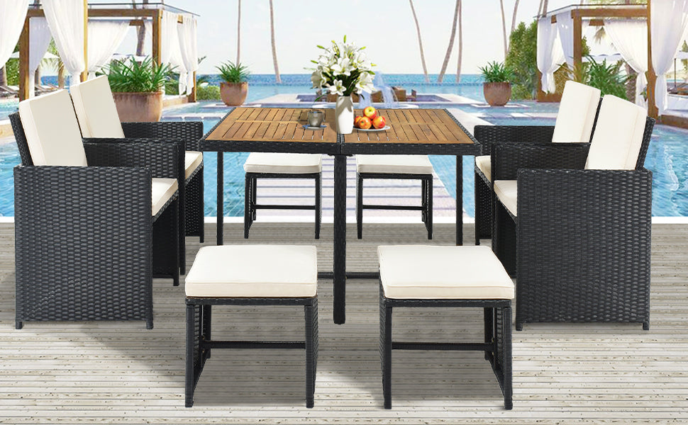 Patio All-Weather PE Wicker Dining Table Set With Wood Tabletop