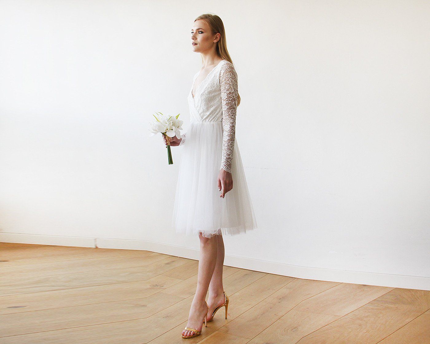 Short Wedding Dress ,Ivory Tulle & Lace Midi  Dress