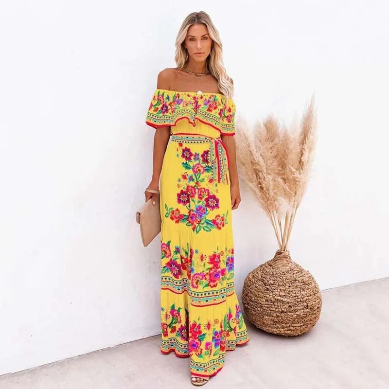 Summer Floral Print Off Shoulder Women Mexican Dress