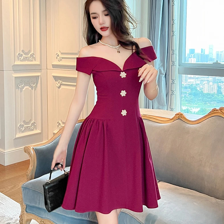 Red Off Shoulder Party Dress Elegant Wedding Short Even Dress for Women