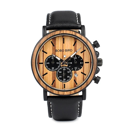 Wood and Stainless Steel Watches Luminous Hands Stop Clock