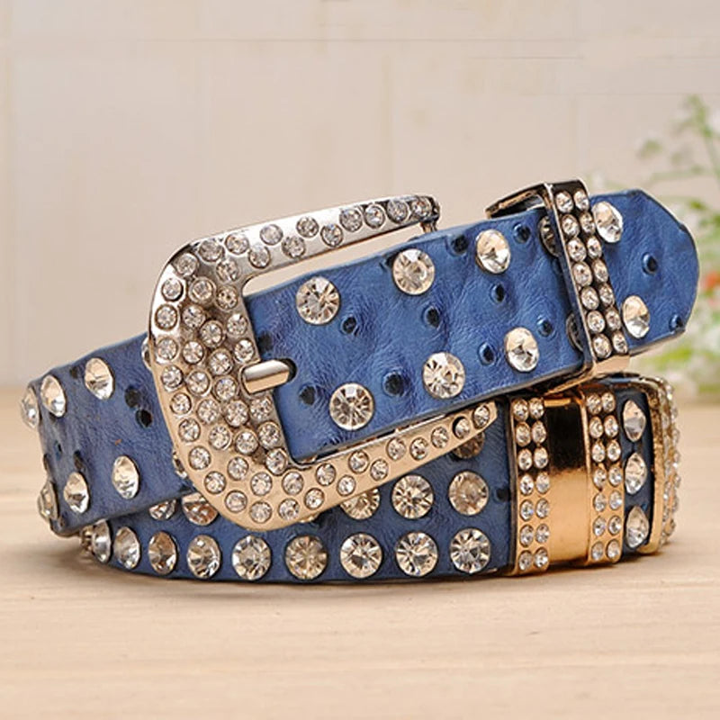 Rhinestone Belts for Women Leather Belt Second Layer Skin Strap Female