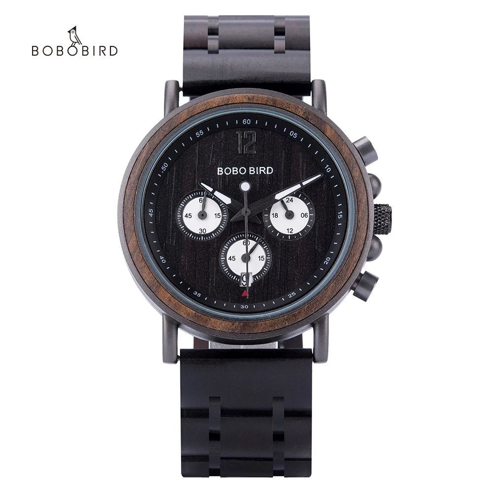 Wood and Stainless Steel Watches Luminous Hands Stop Clock