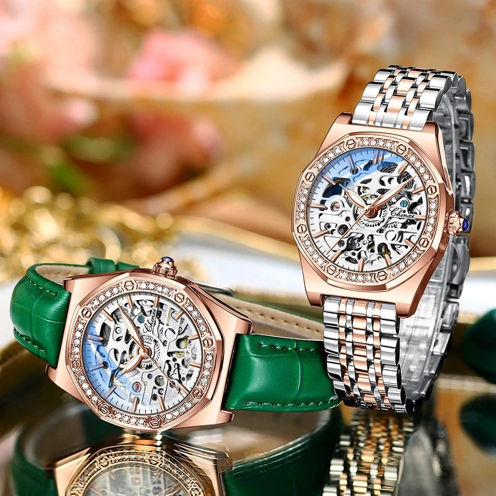 Steel Waterproof Automatic Rose Gold Mechanical Watch for Women