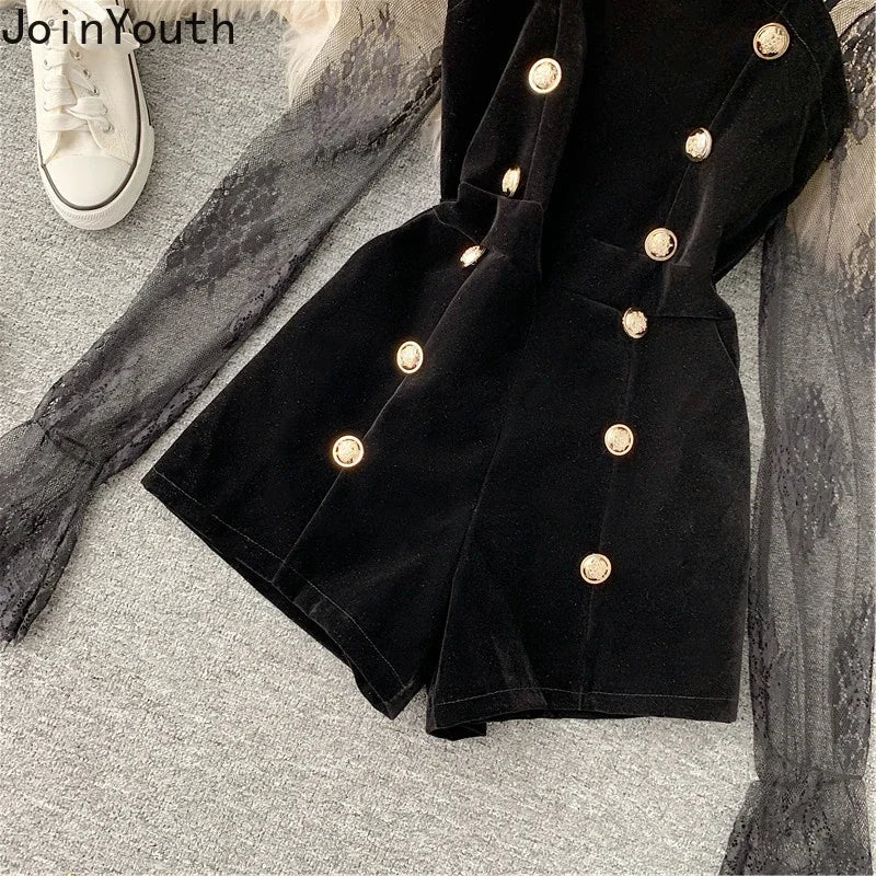 Women Clothing Tunic Fashion Patchwork Jumpsuit Black Velvet Rompers