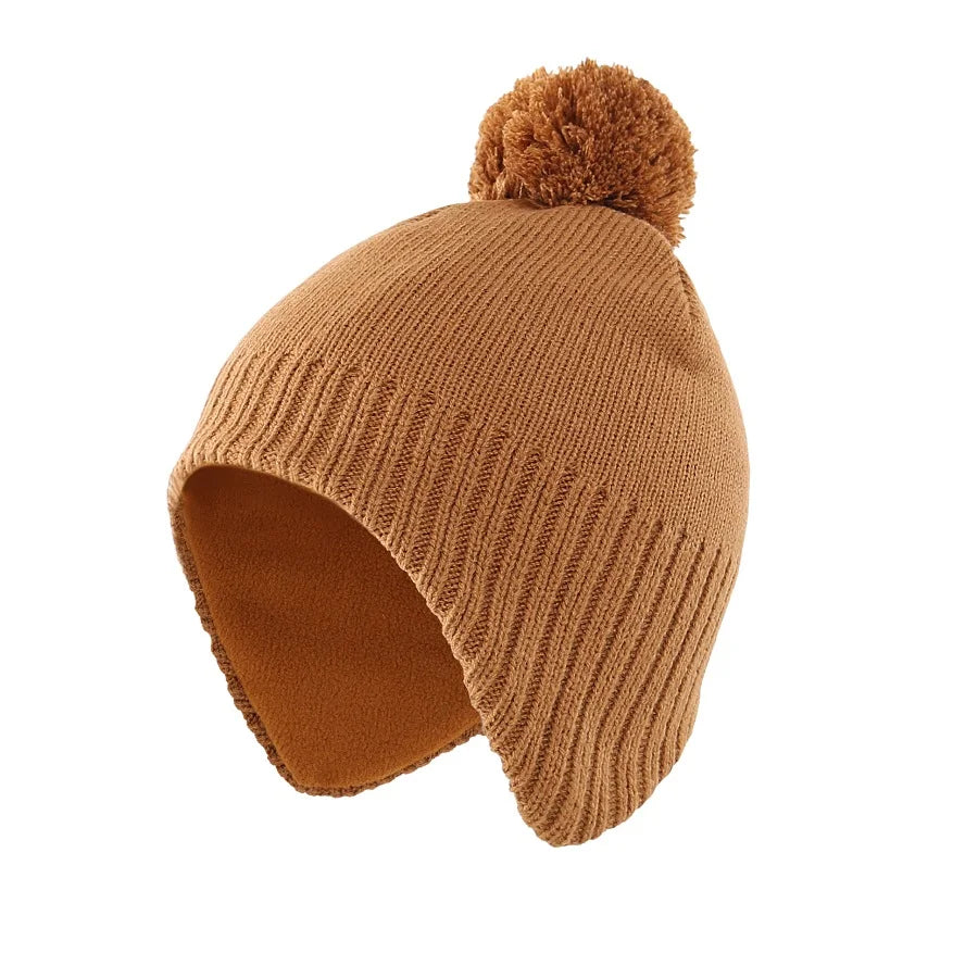 Winter Warm Hat Fleeced Lined Earflap Kids Beanie Hat With Pom-Pom