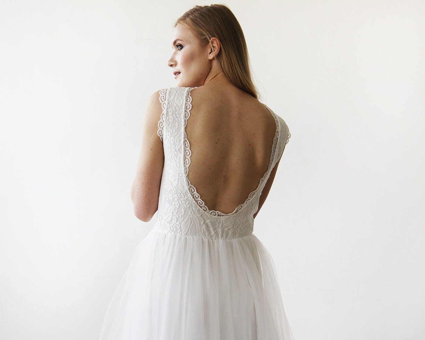 Short Wedding Dress ,Ivory Lace & Tulle Sleeveless Midi Dress #1159