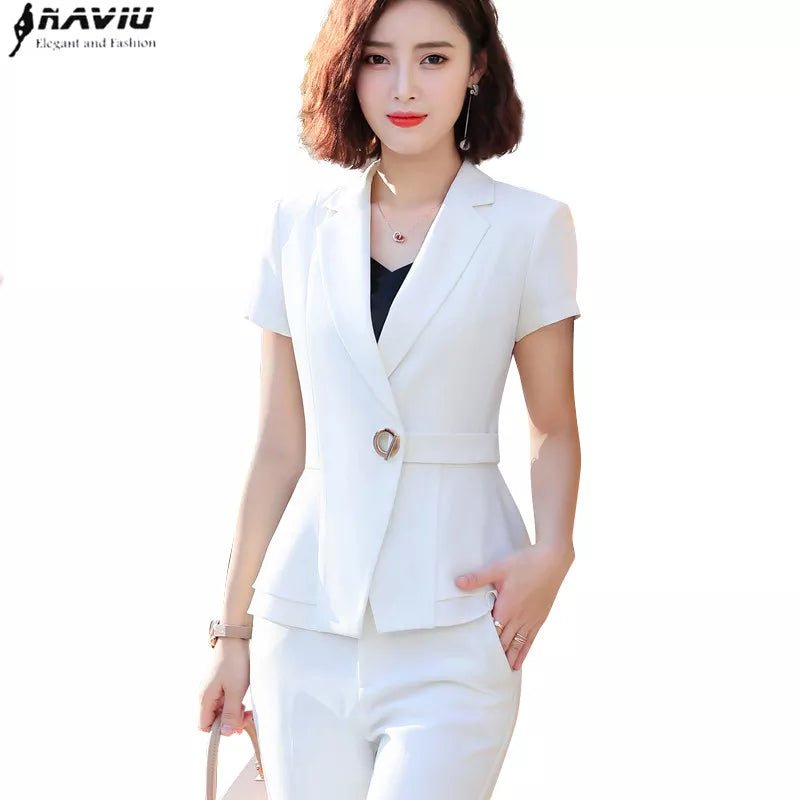 Short Sleeve Slim Blazer and Trousers Business Temperament Office Lady Work Wear