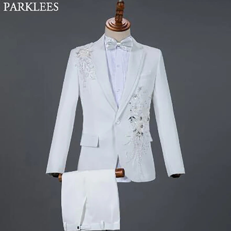 White Embroidered Diamond Suit Men Wedding Groom Tuxedo Suits