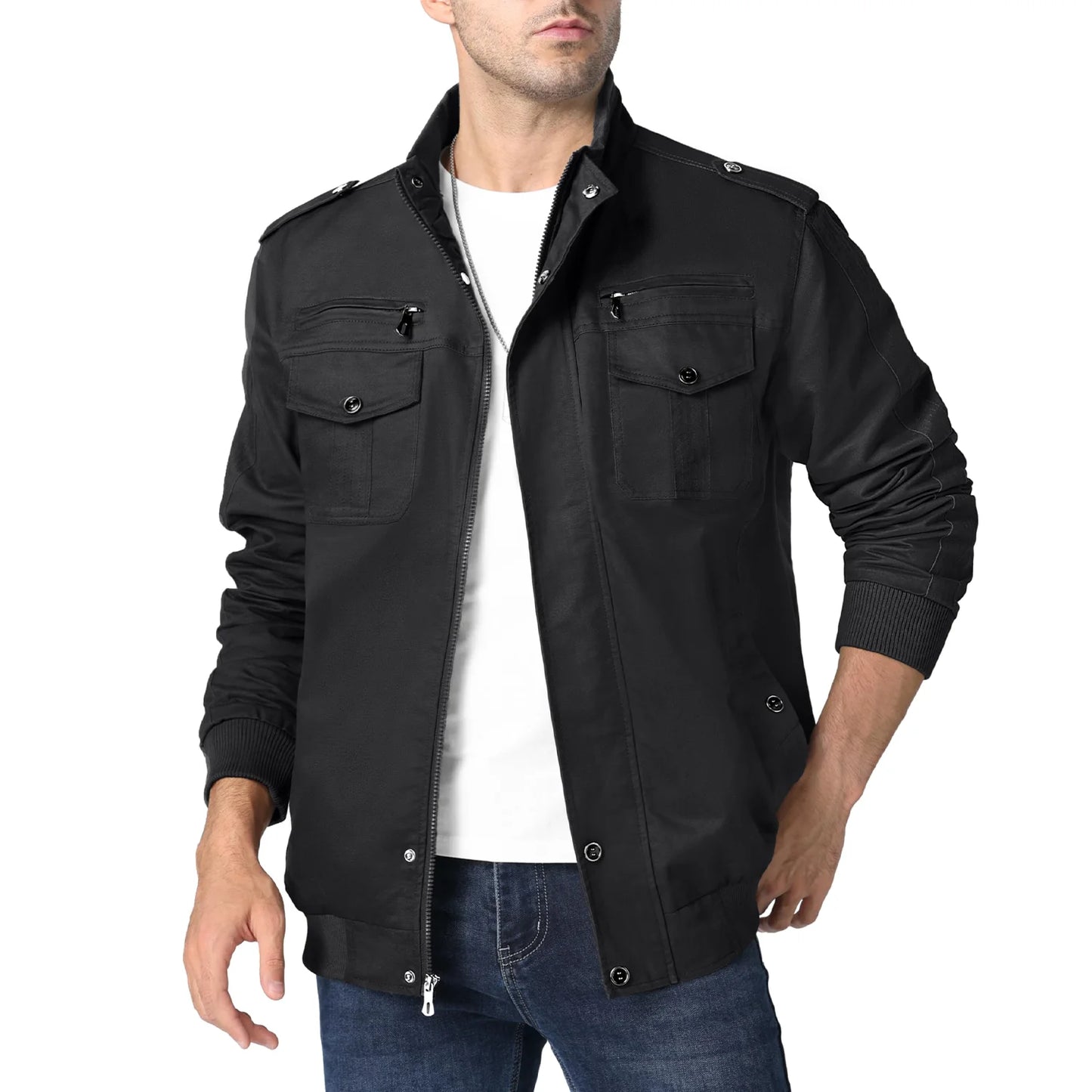 TACVASEN Pilot Bomber Jacket Coats Mens Cotton Cargo Jackets With Zipper Pockets