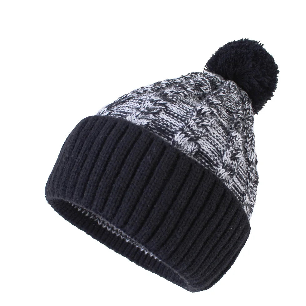 Thick Knitted Warm Earflap Cuff Beanie Hats With Pom