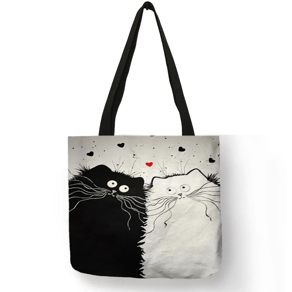 Tote Shopping Bag Cute Cat Printing Women Handbag Linen Totes