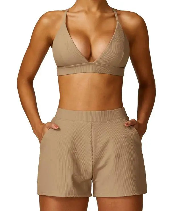 Women Stretchy Soft Comfort v Neck Ribbed Running Shorts and Bra Set