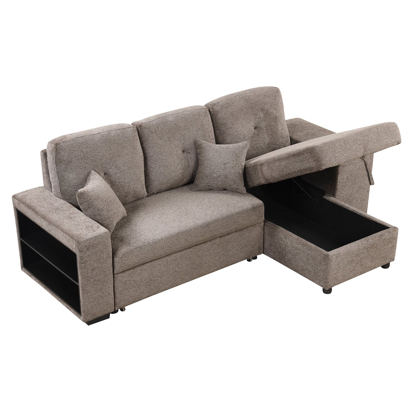 Reversible Sleeper Sectional Sofa Bed With Side Shelf and 2 Stools