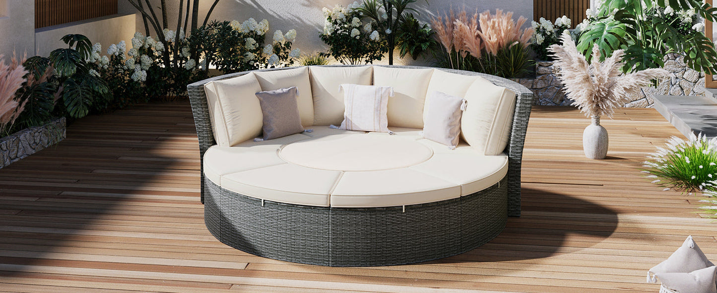 Patio 5-Piece Round Rattan Sectional Sofa Set All-Weather PE Wicker Sunbed