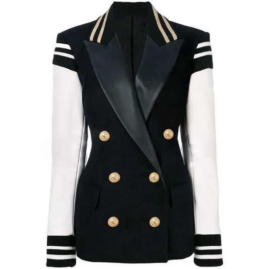 Varsity Jacket Women's Lion Buttons Double Breasted Leather Sleeve Blazer