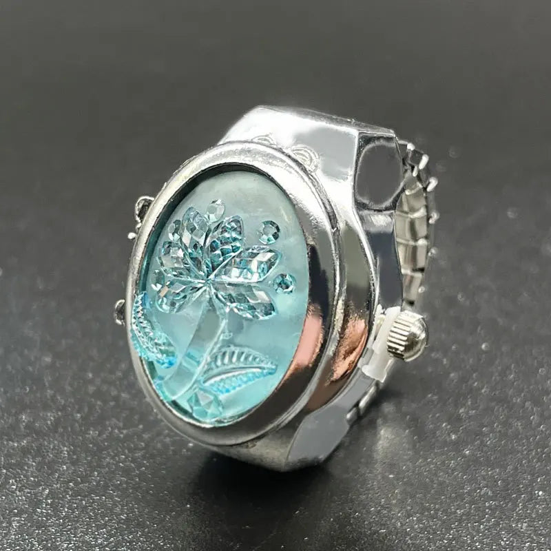 Women Ring Elliptical Stereo Flower Clamshell Adjustable Rings Quartz Watches