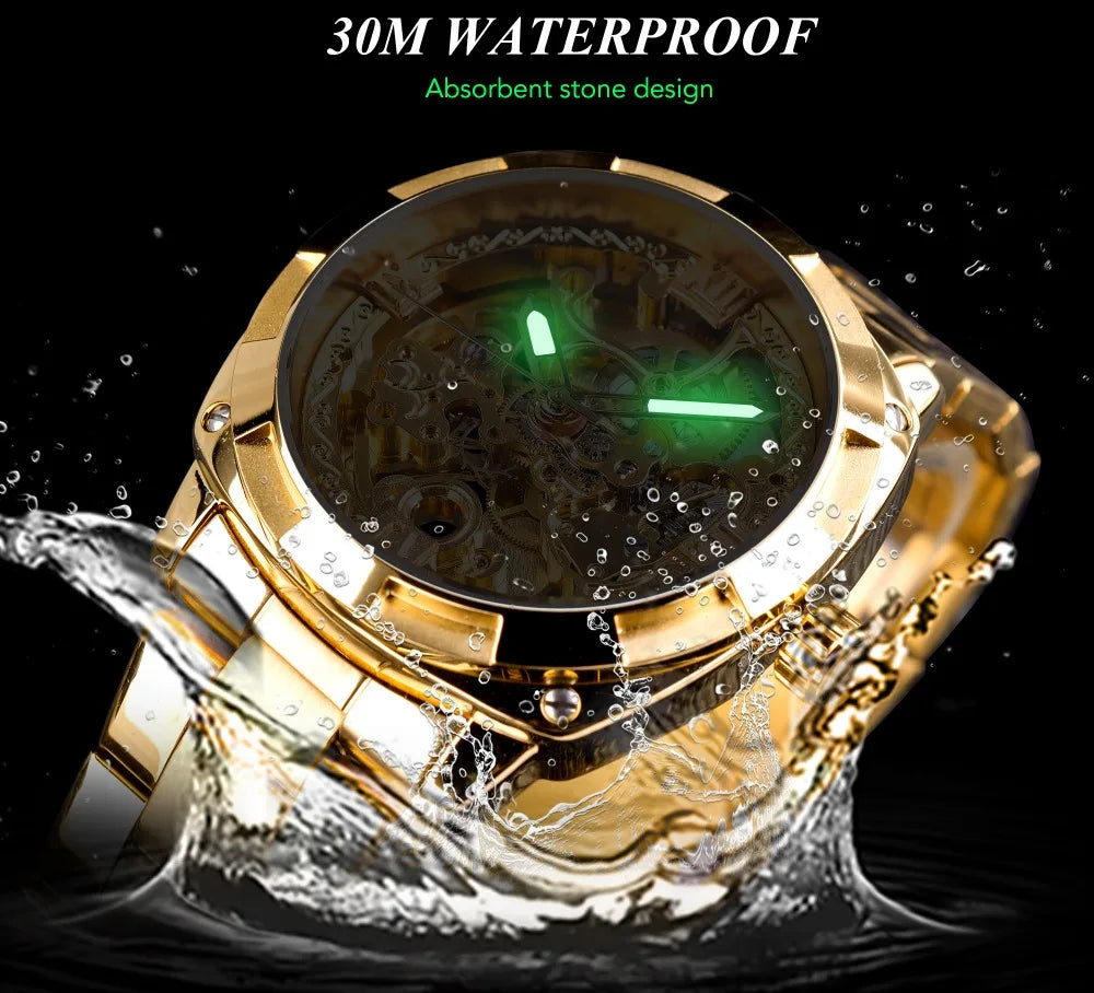 Transparent Men's Automatic Mechanical Full Golden Luminous Hands Skeleton Watch