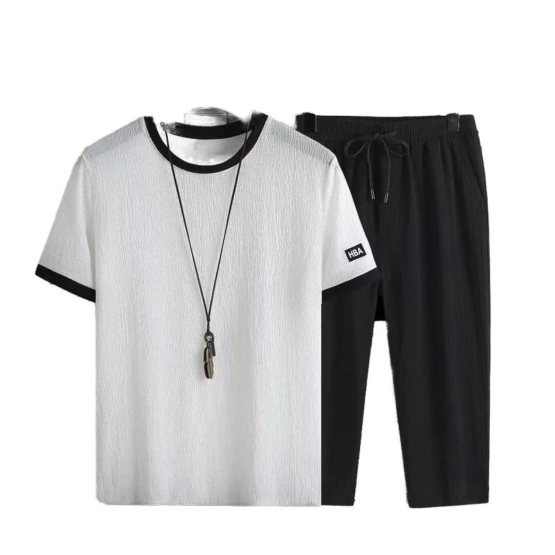 Men's Two Pieces Sets Solid Color Elastic Short Sleeve Loose Men's Oversize Sets