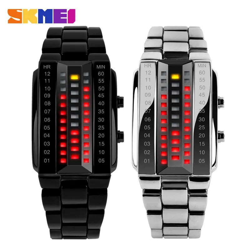 Waterproof Men Stainless Steel Red Binary LED Electronic Display Sport Watches