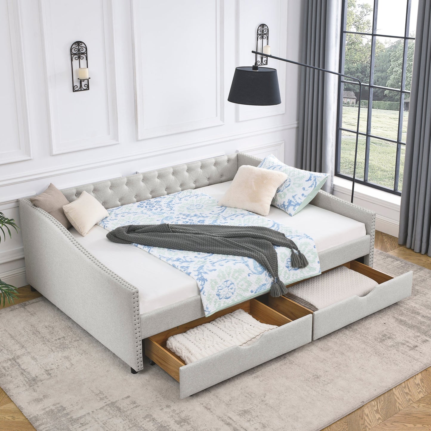 Queen Size Daybed With Drawers Upholstered Tufted Sofa Bed