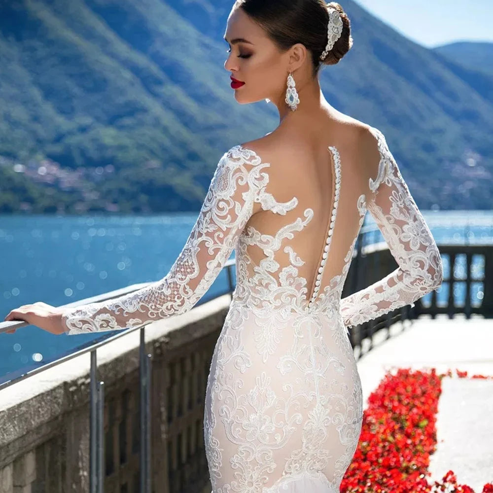 Mermaid Wedding Dress Long Sleeve Sexy  See Through Back Abito Sposa