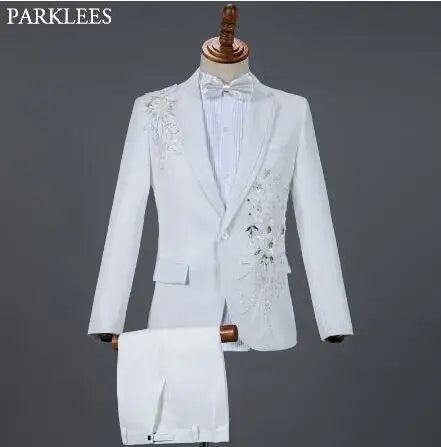 White Embroidered Diamond Suit Men Wedding Groom Tuxedo Suits