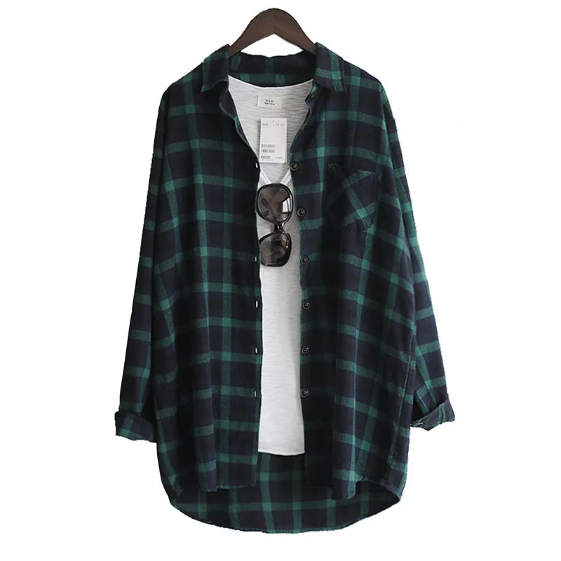 Women Blouse Shirt Loose Casual Plaid Shirts Long Sleeve BLOUSE