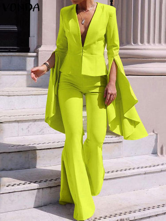 Pants Suits Women Flare Sleeve v Neck Tops and Long Bell Bottoms