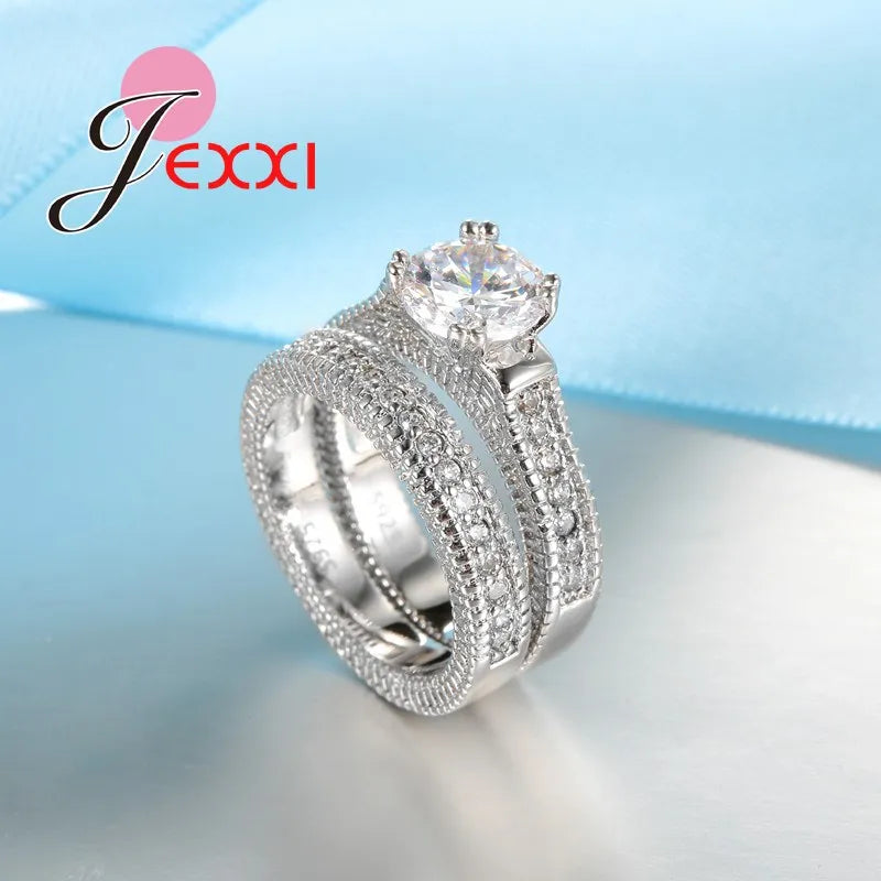 Stamped Silver Needle Ring Sets 2 PCS  Crystal Heart Stone Rings