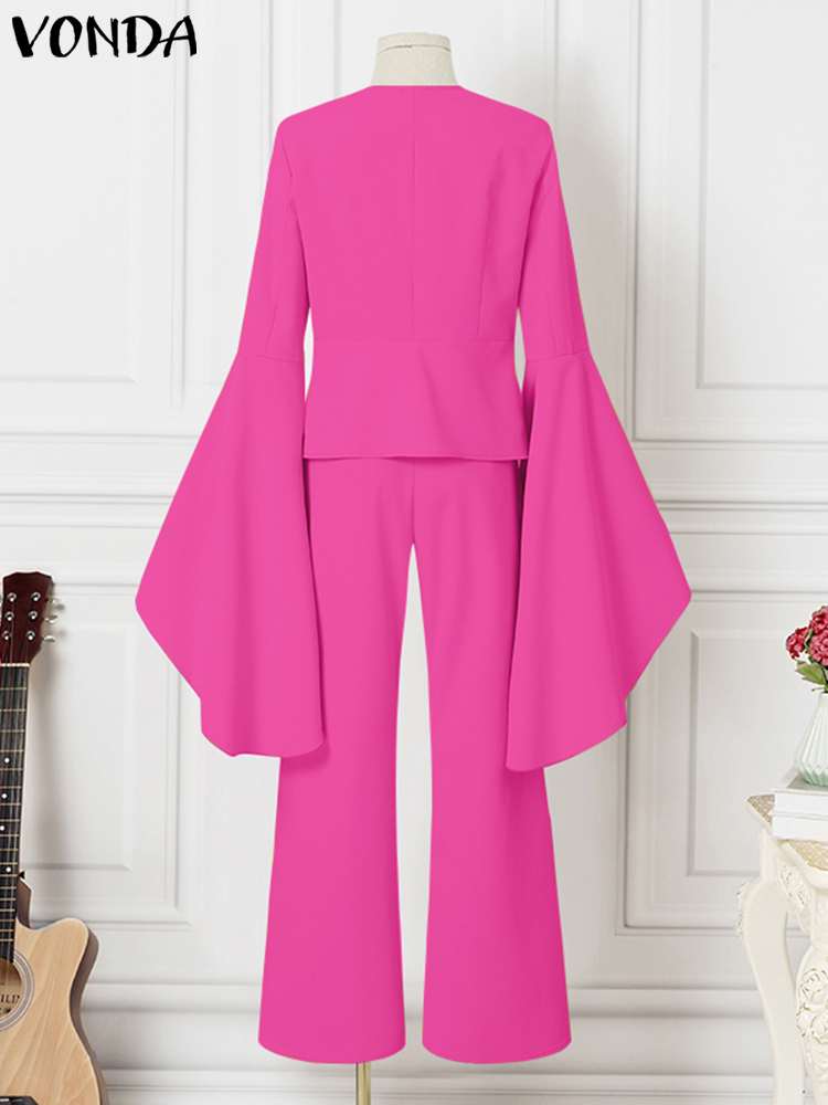 Pants Suits Women Flare Sleeve v Neck Tops and Long Bell Bottoms