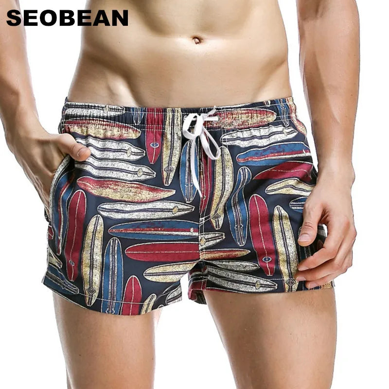 Short Men Board Shorts Coconut Leaf Pattern Sea Beach Style